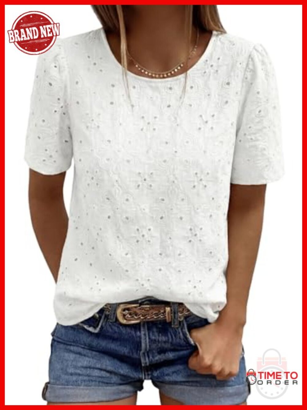 Embroidered Eyelet Blouse Short Puff Sleeve Crew Neck Cotton Lined Top